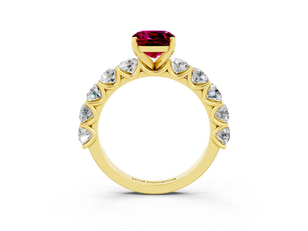 Yellow gold Cushion Cut Garnet Prong Setting with Side Stones on a Pave Band