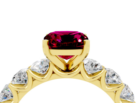 Yellow gold Cushion Cut Garnet Prong Setting with Side Stones on a Pave Band_4