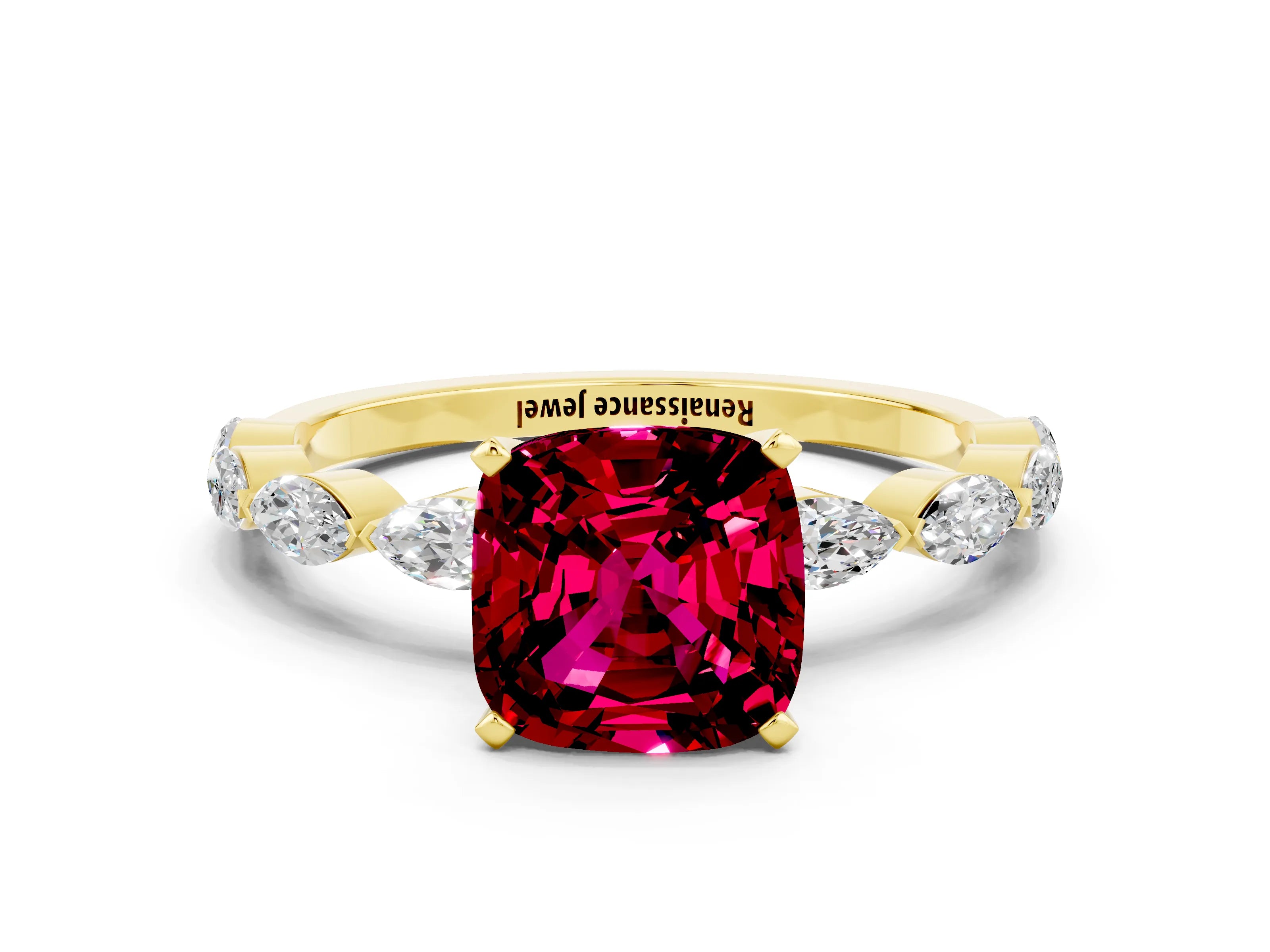 Yellow gold Cushion Cut Garnet Ring with Marquise Side Stones and Prong Setting