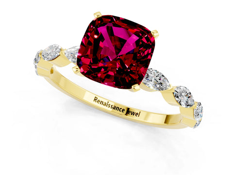 Yellow gold Cushion Cut Garnet Ring with Marquise Side Stones and Prong Setting_1