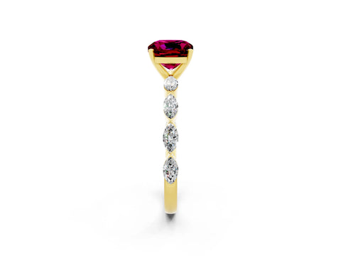 Yellow gold Cushion Cut Garnet Ring with Marquise Side Stones and Prong Setting_2