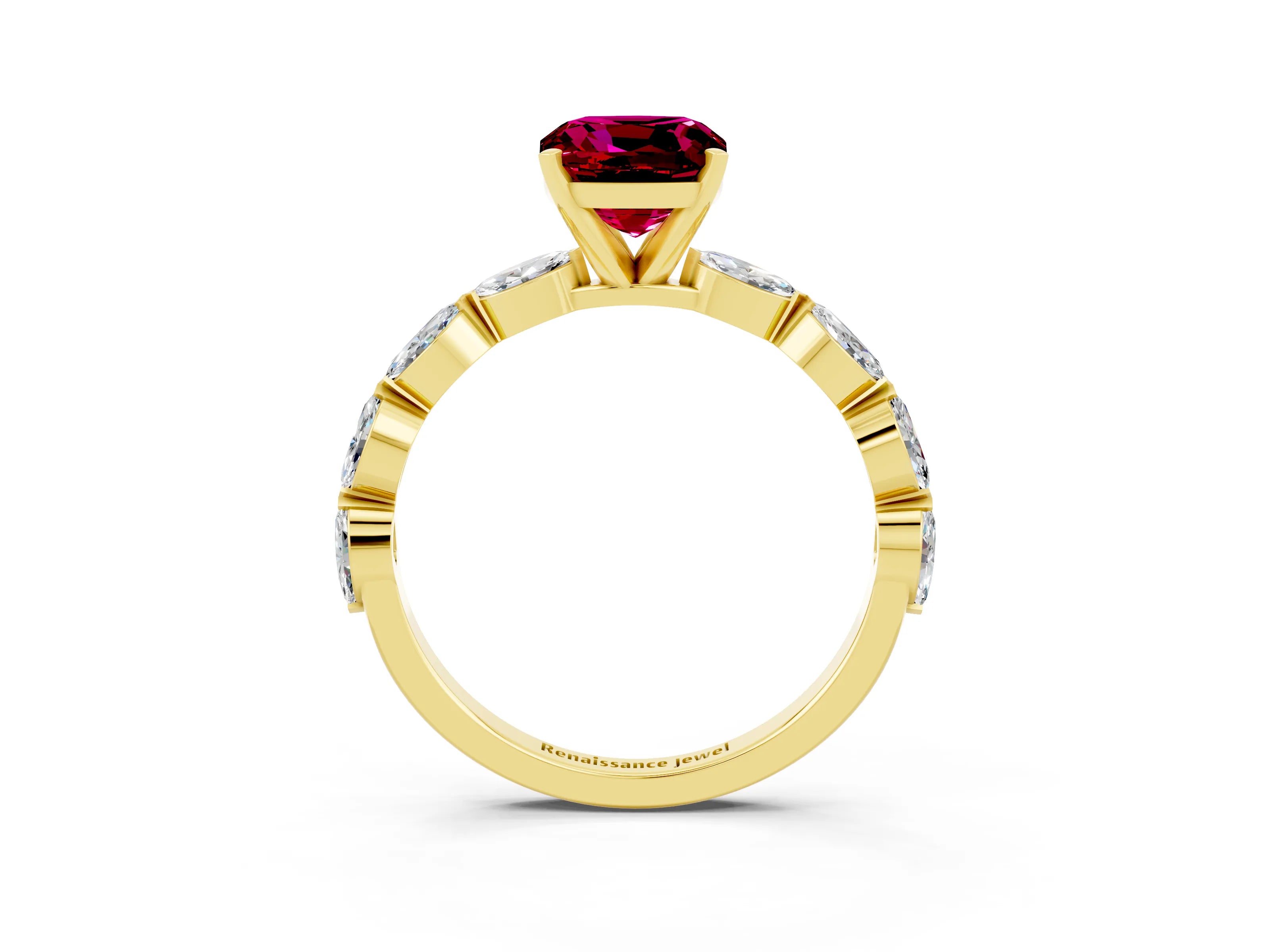 Yellow gold Cushion Cut Garnet Ring with Marquise Side Stones and Prong Setting_3