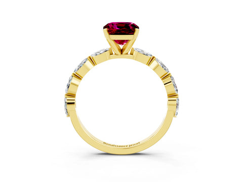 Yellow gold Cushion Cut Garnet Ring with Marquise Side Stones and Prong Setting_3