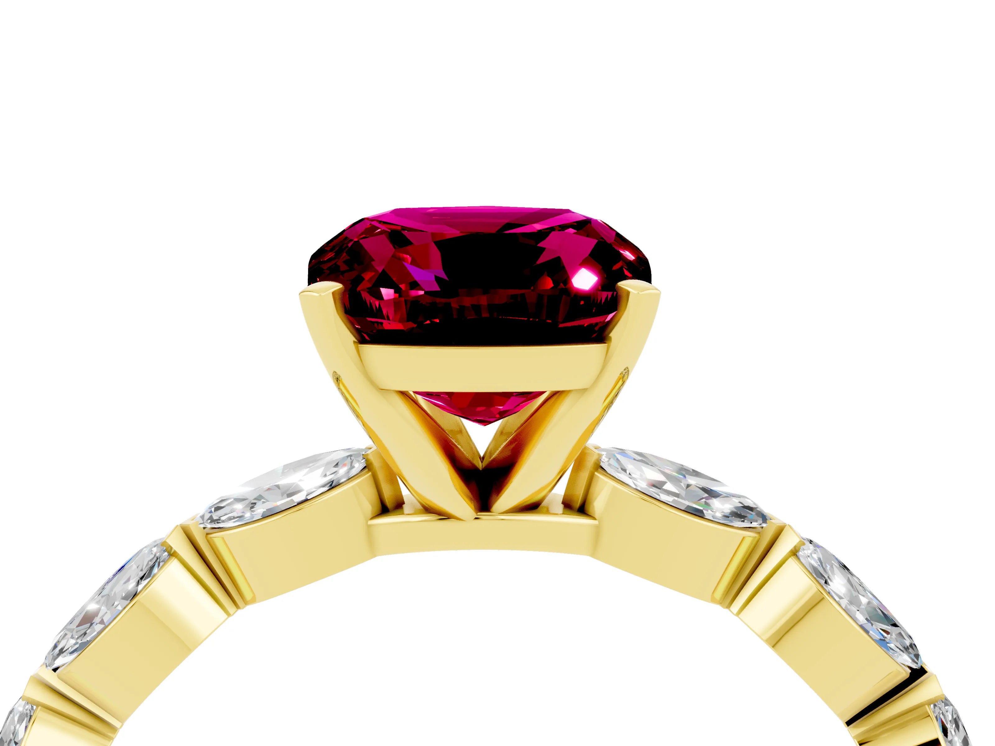 Yellow gold Cushion Cut Garnet Ring with Marquise Side Stones and Prong Setting_4