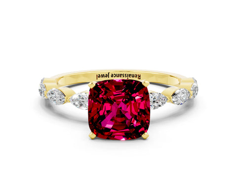 Yellow gold Cushion Cut Garnet Ring with Marquise Side Stones and Prong Setting