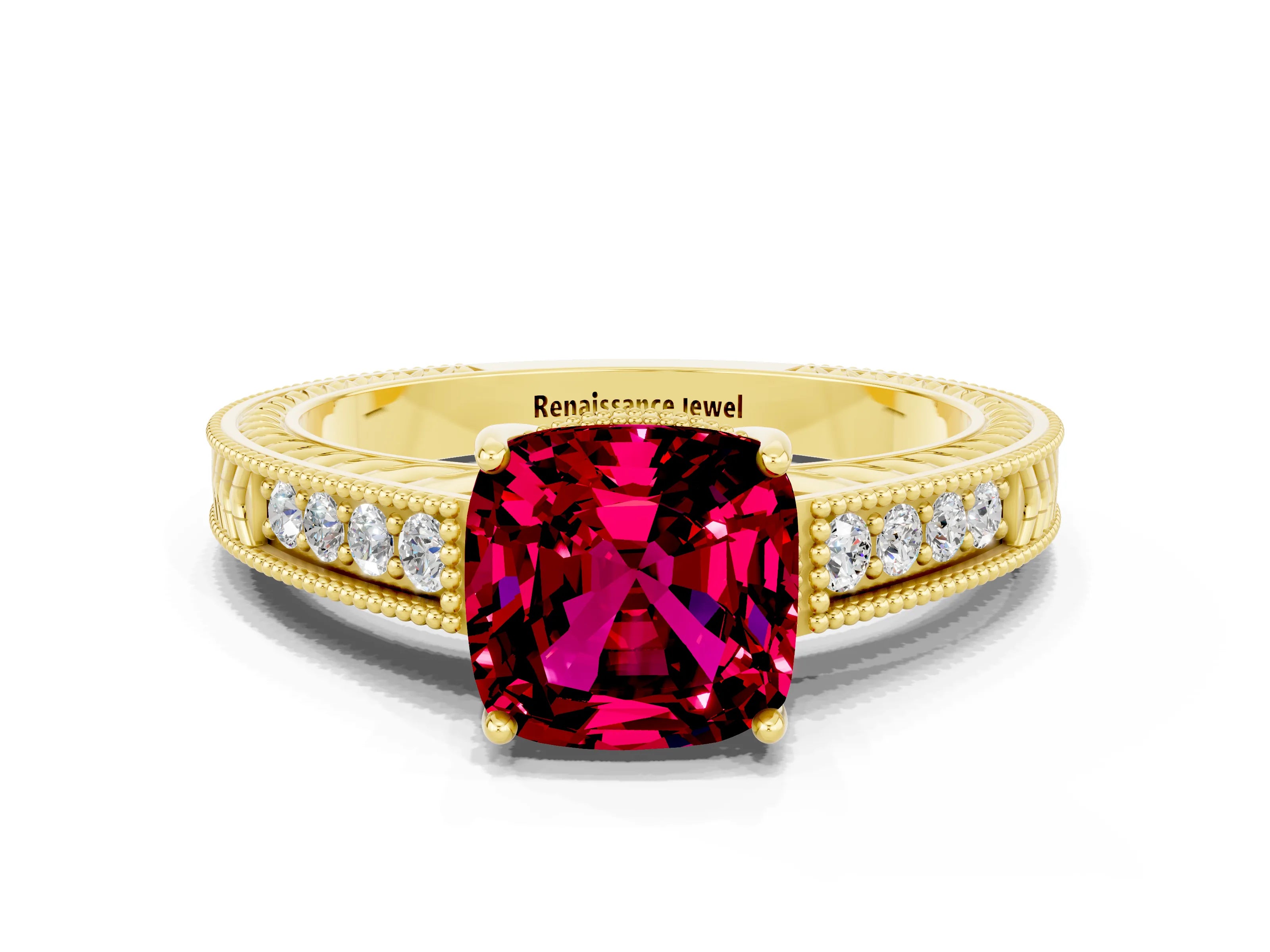 Yellow gold Cushion Cut Garnet Ring with Milgrain Pavé Band and Four-Prong Setting_12