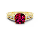 Yellow gold Cushion Cut Garnet Ring with Milgrain Pavé Band and Four-Prong Setting_12