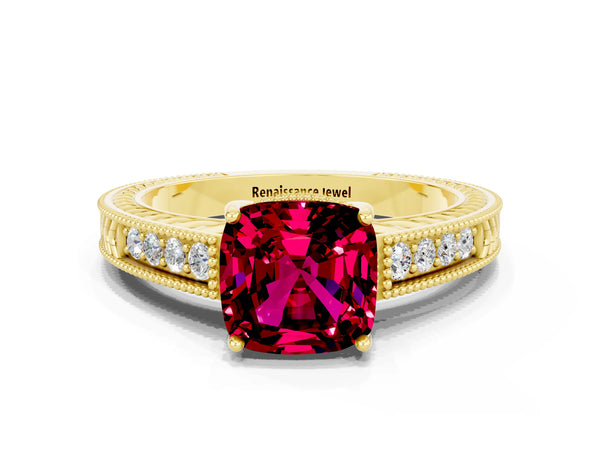 Yellow gold Cushion Cut Garnet Ring with Milgrain Pavé Band and Four-Prong Setting