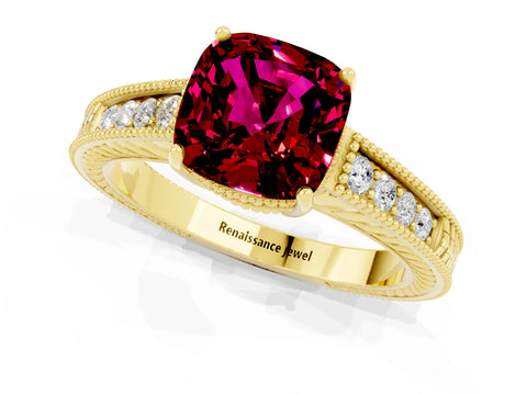 Yellow gold Cushion Cut Garnet Ring with Milgrain Pavé Band and Four-Prong Setting_13