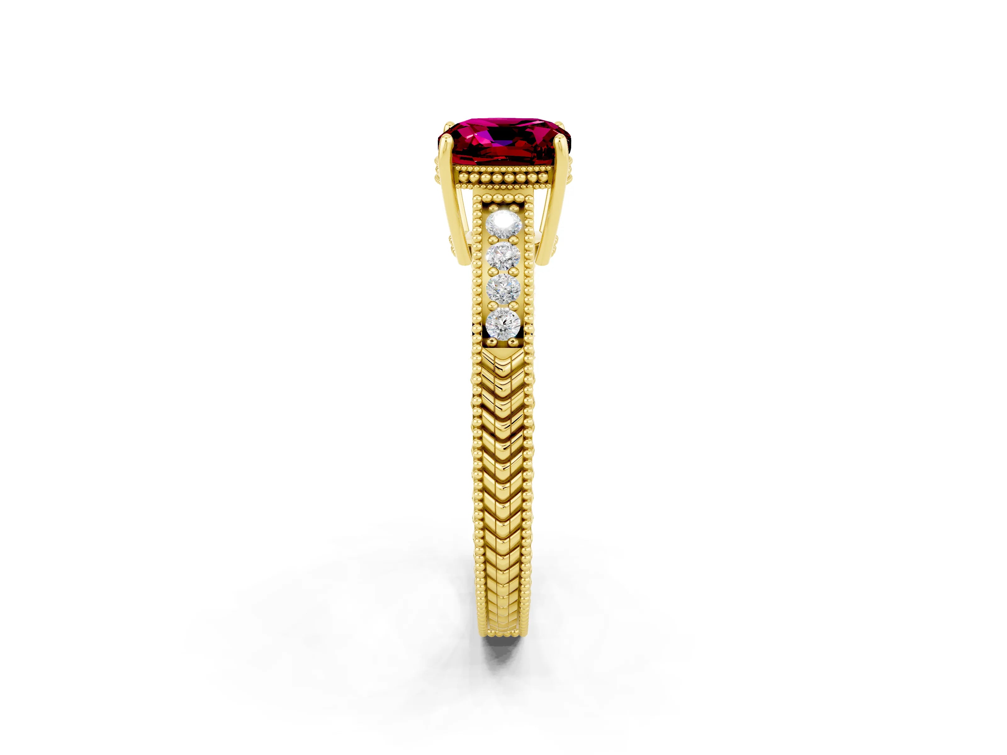 Yellow gold Cushion Cut Garnet Ring with Milgrain Pavé Band and Four-Prong Setting_14