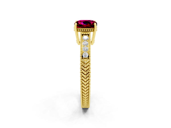 Yellow gold Cushion Cut Garnet Ring with Milgrain Pavé Band and Four-Prong Setting
