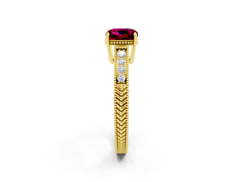 Yellow gold Cushion Cut Garnet Ring with Milgrain Pavé Band and Four-Prong Setting_14