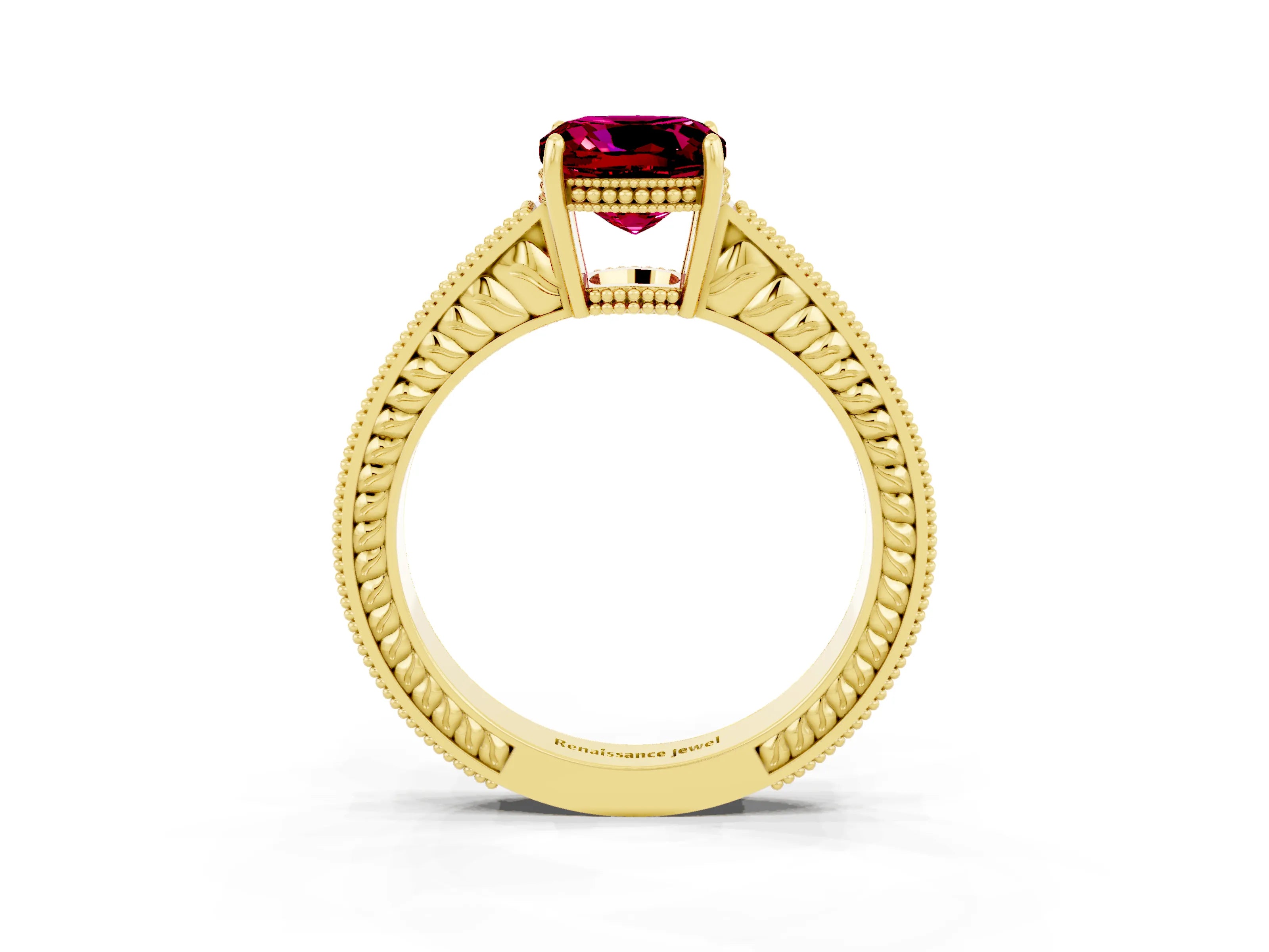 Yellow gold Cushion Cut Garnet Ring with Milgrain Pavé Band and Four-Prong Setting_15