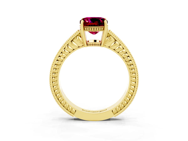 Yellow gold Cushion Cut Garnet Ring with Milgrain Pavé Band and Four-Prong Setting