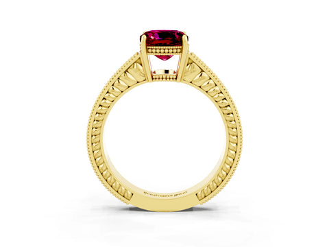 Yellow gold Cushion Cut Garnet Ring with Milgrain Pavé Band and Four-Prong Setting_15