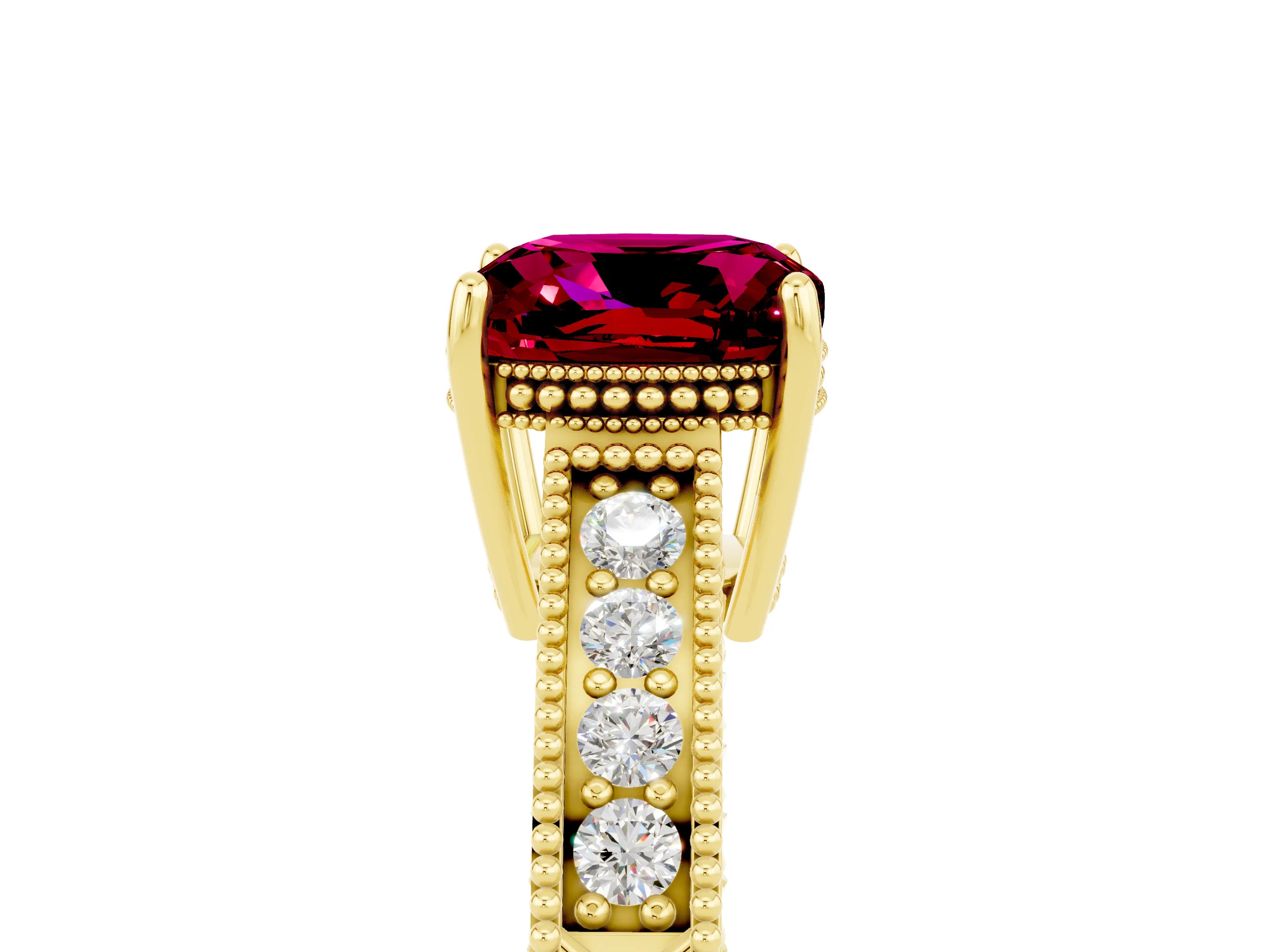 Yellow gold Cushion Cut Garnet Ring with Milgrain Pavé Band and Four-Prong Setting_17