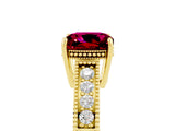 Yellow gold Cushion Cut Garnet Ring with Milgrain Pavé Band and Four-Prong Setting_17