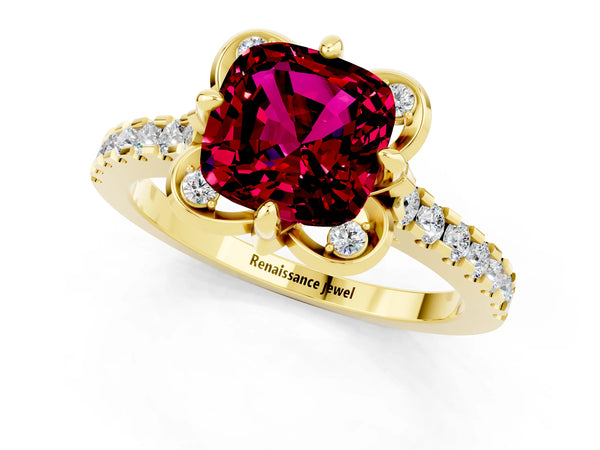 Yellow gold Cushion Cut Garnet Ring with Pavé Band and Floral Prong Setting