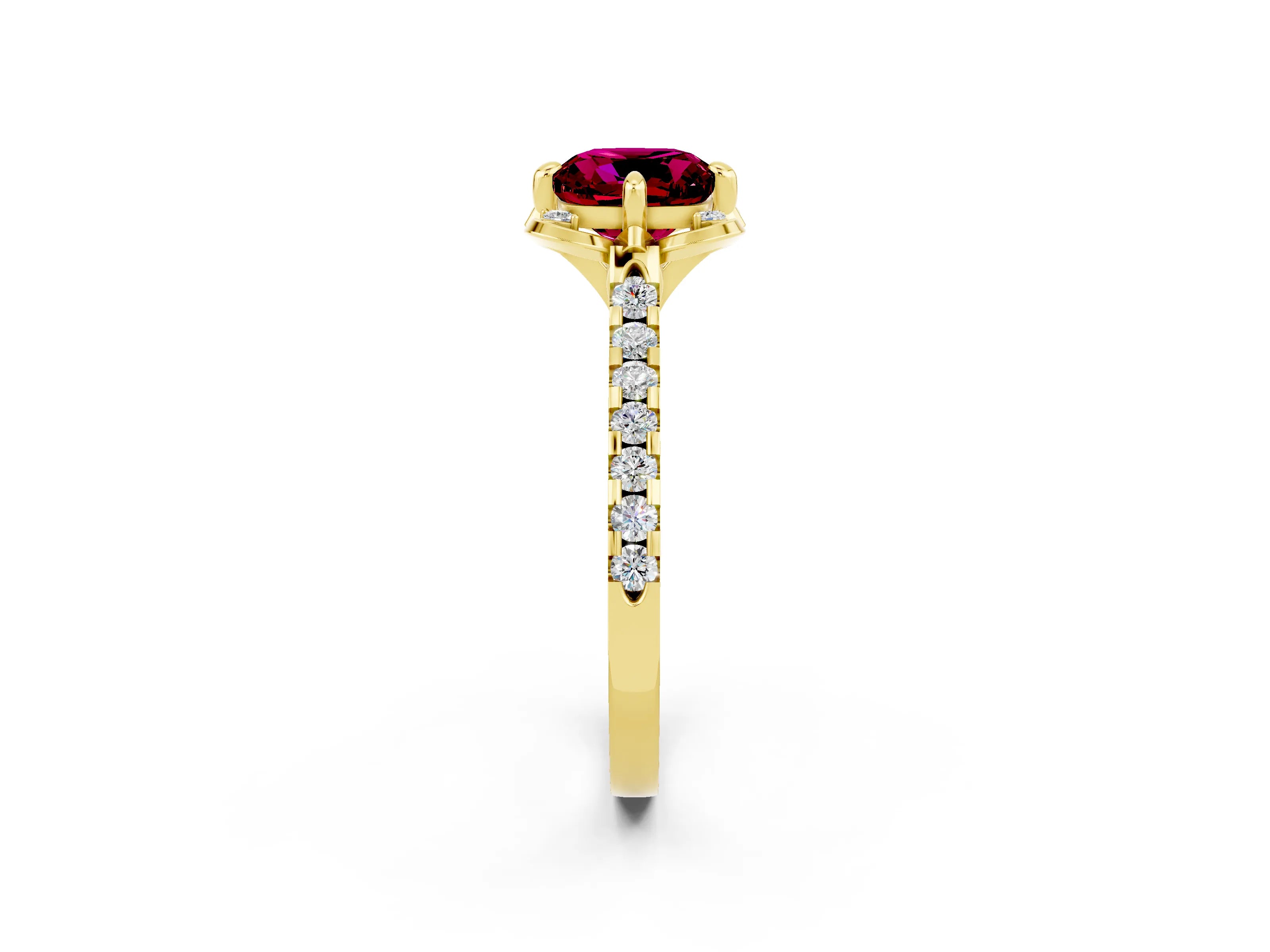 Yellow gold Cushion Cut Garnet Ring with Pavé Band and Floral Prong Setting_2