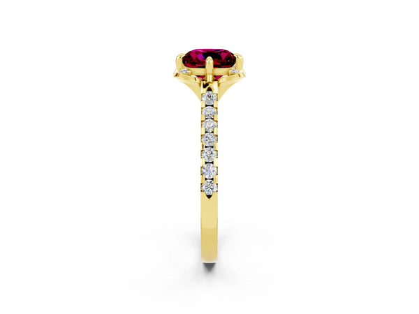 Yellow gold Cushion Cut Garnet Ring with Pavé Band and Floral Prong Setting