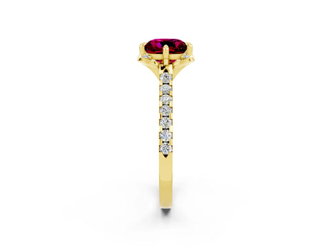 Yellow gold Cushion Cut Garnet Ring with Pavé Band and Floral Prong Setting_2