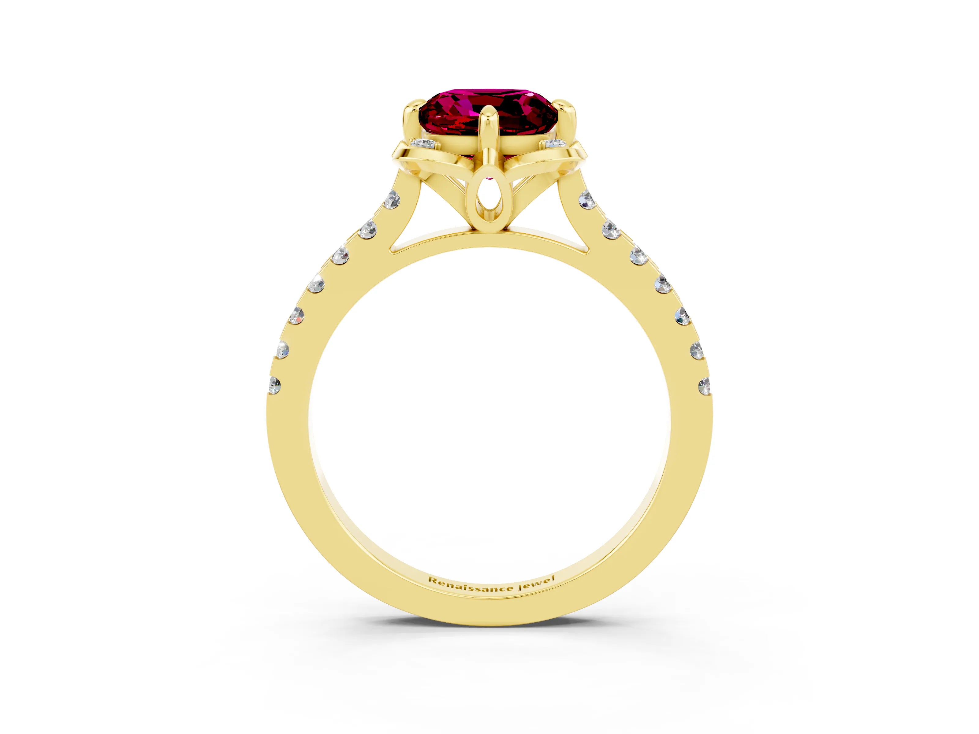Yellow gold Cushion Cut Garnet Ring with Pavé Band and Floral Prong Setting_3