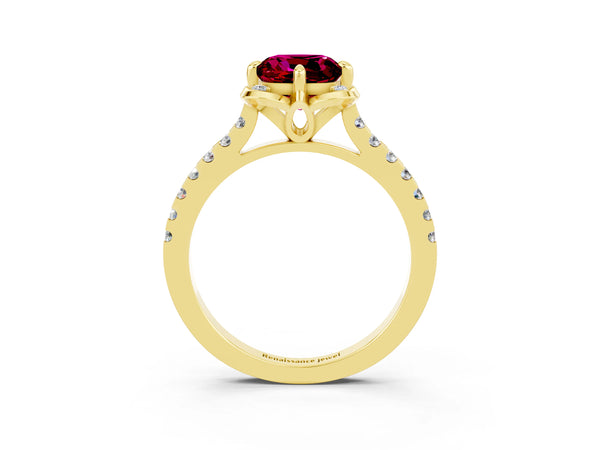 Yellow gold Cushion Cut Garnet Ring with Pavé Band and Floral Prong Setting