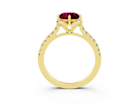 Yellow gold Cushion Cut Garnet Ring with Pavé Band and Floral Prong Setting_3
