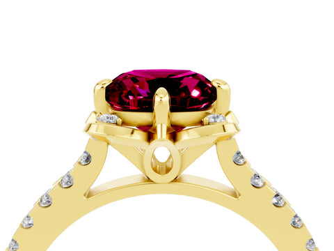Yellow gold Cushion Cut Garnet Ring with Pavé Band and Floral Prong Setting_4