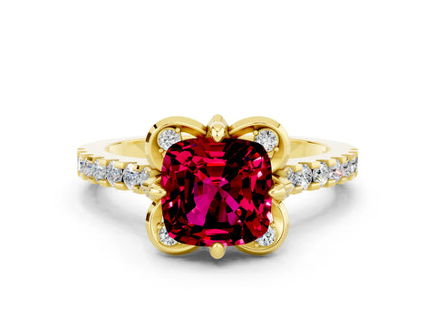 Yellow gold Cushion Cut Garnet Ring with Pavé Band and Floral Prong Setting