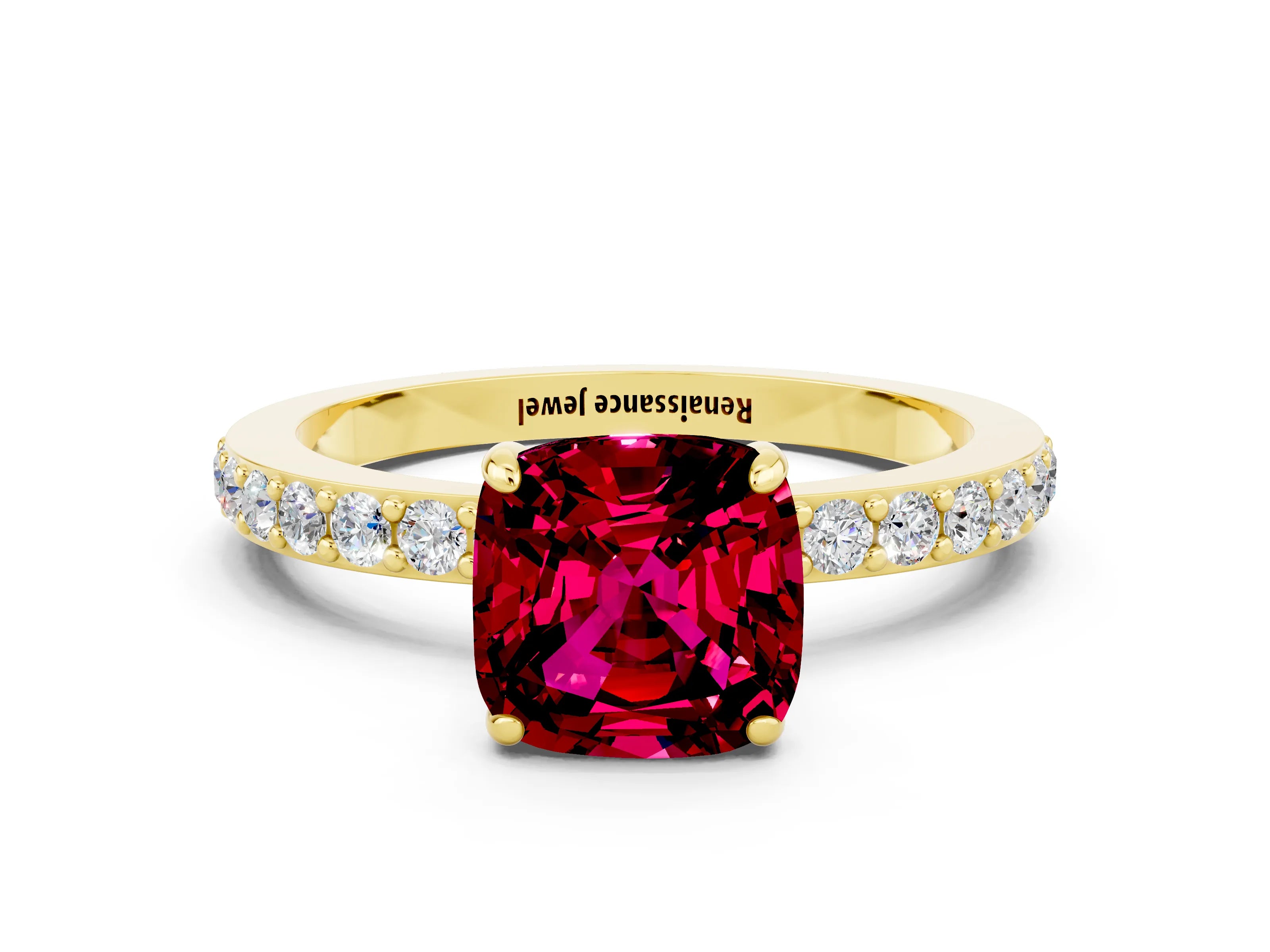 Yellow gold Cushion Cut Garnet Ring with Pavé Band and Four-Prong Setting