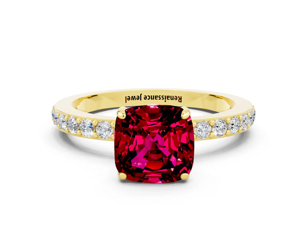 Yellow gold Cushion Cut Garnet Pavé Engagement Ring with Round  Accents and Prong Setting