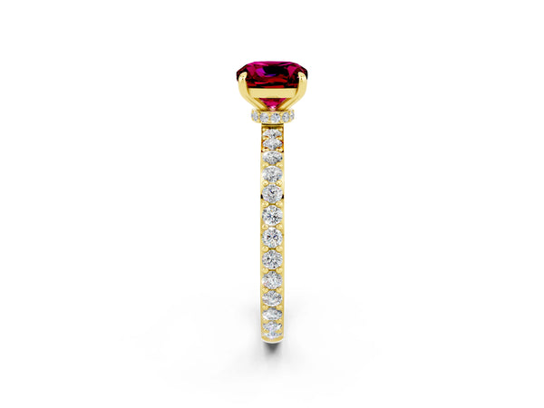 Yellow gold Cushion Cut Garnet Pavé Engagement Ring with Round  Accents and Prong Setting