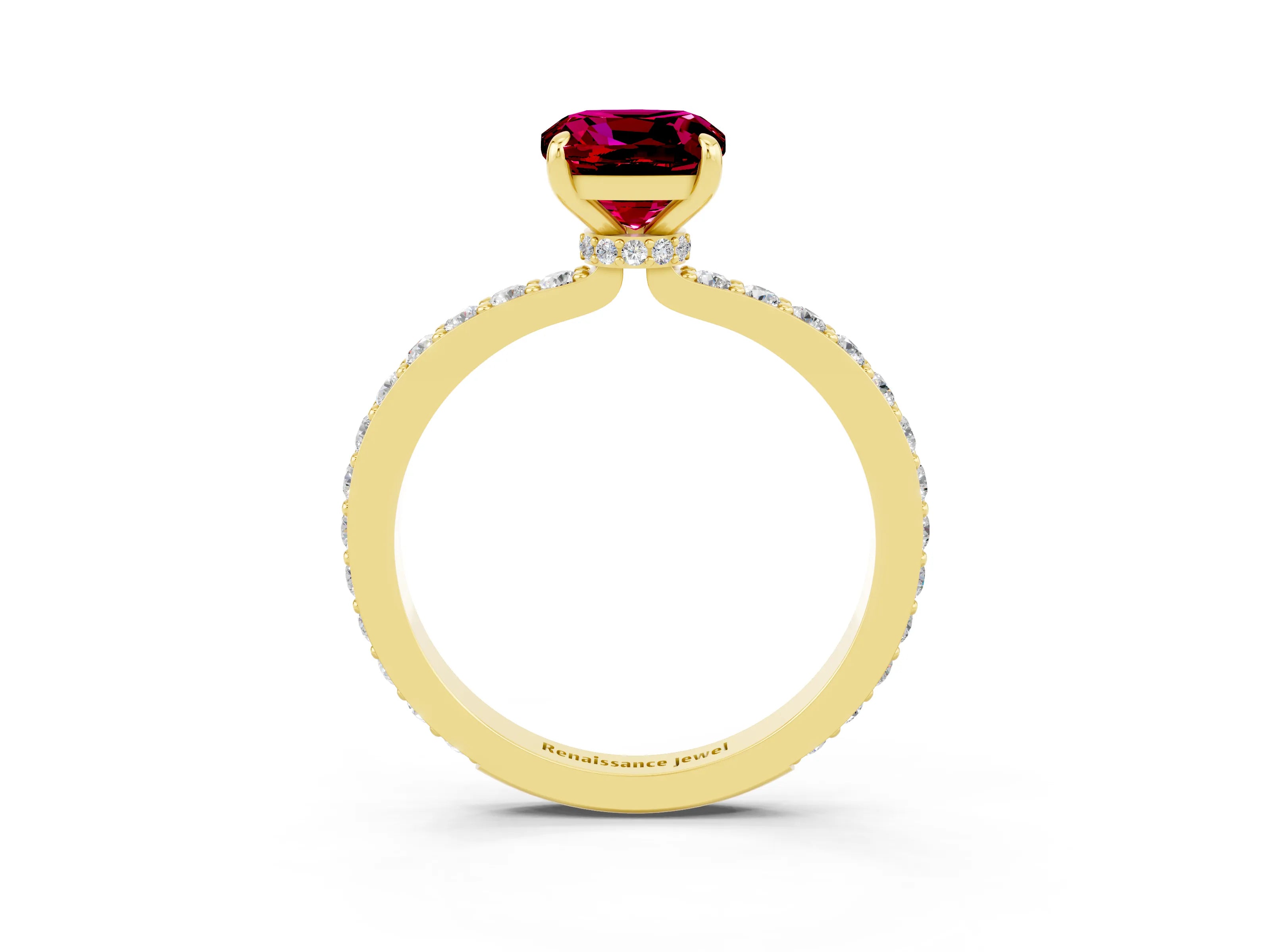 Yellow gold Cushion Cut Garnet Ring with Pavé Band and Four-Prong Setting_3
