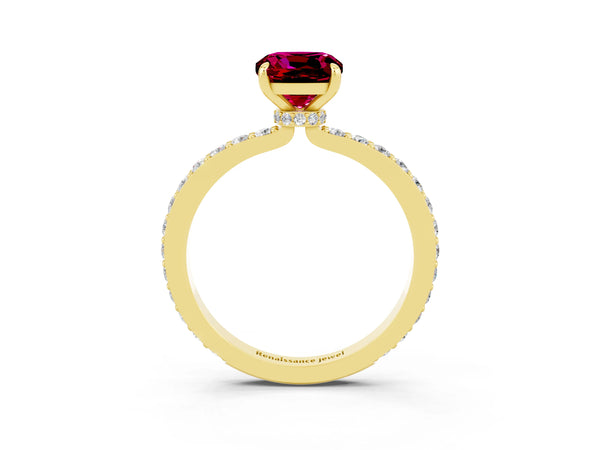 Yellow gold Cushion Cut Garnet Pavé Engagement Ring with Round  Accents and Prong Setting