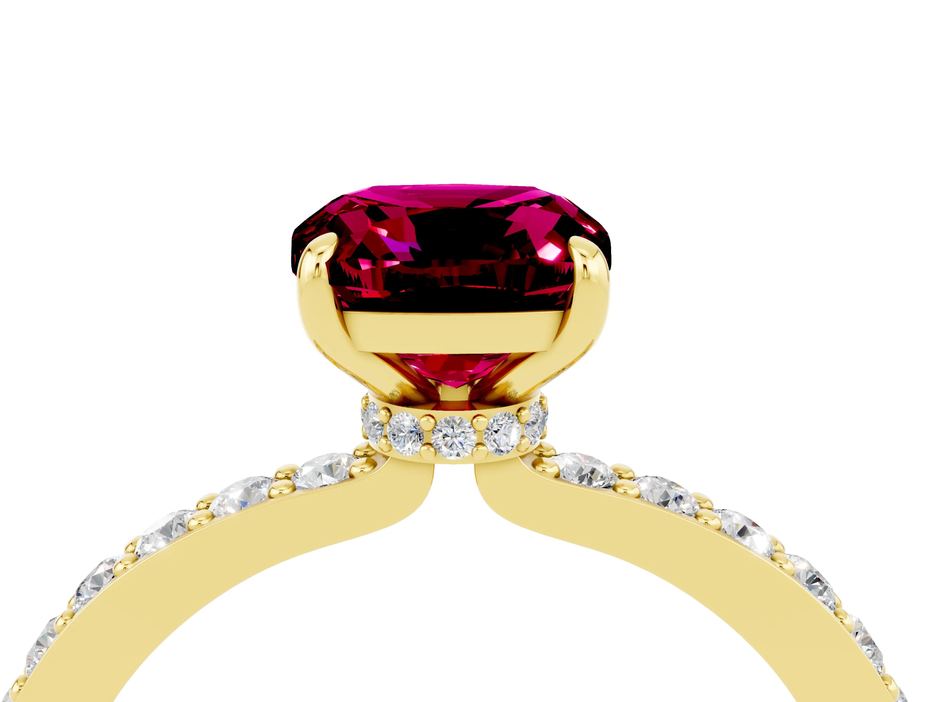 Yellow gold Cushion Cut Garnet Ring with Pavé Band and Four-Prong Setting_4