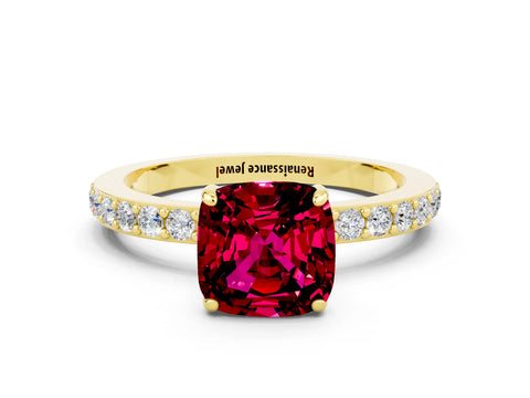 Yellow gold Cushion Cut Garnet Ring with Pavé Band and Four-Prong Setting