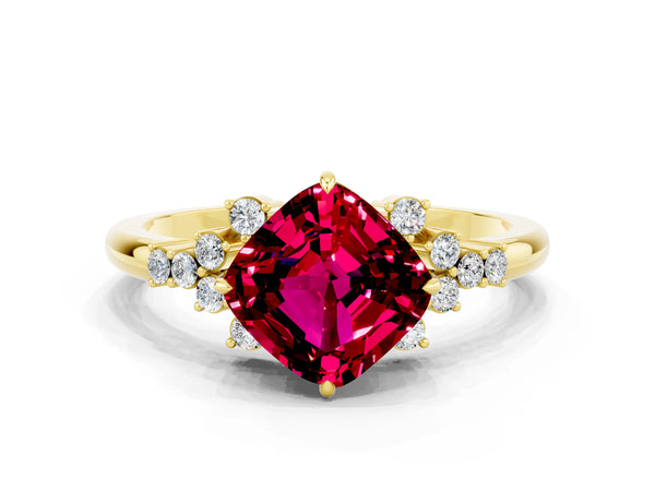 Yellow gold Cushion Cut Garnet Ring with Side Stones and Four-Prong Setting