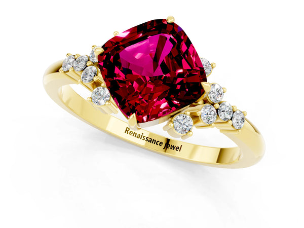 Yellow gold Cushion Cut Garnet Ring with Side Stones and Four-Prong Setting