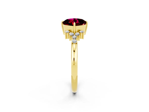 Yellow gold Cushion Cut Garnet Ring with Side Stones and Four-Prong Setting