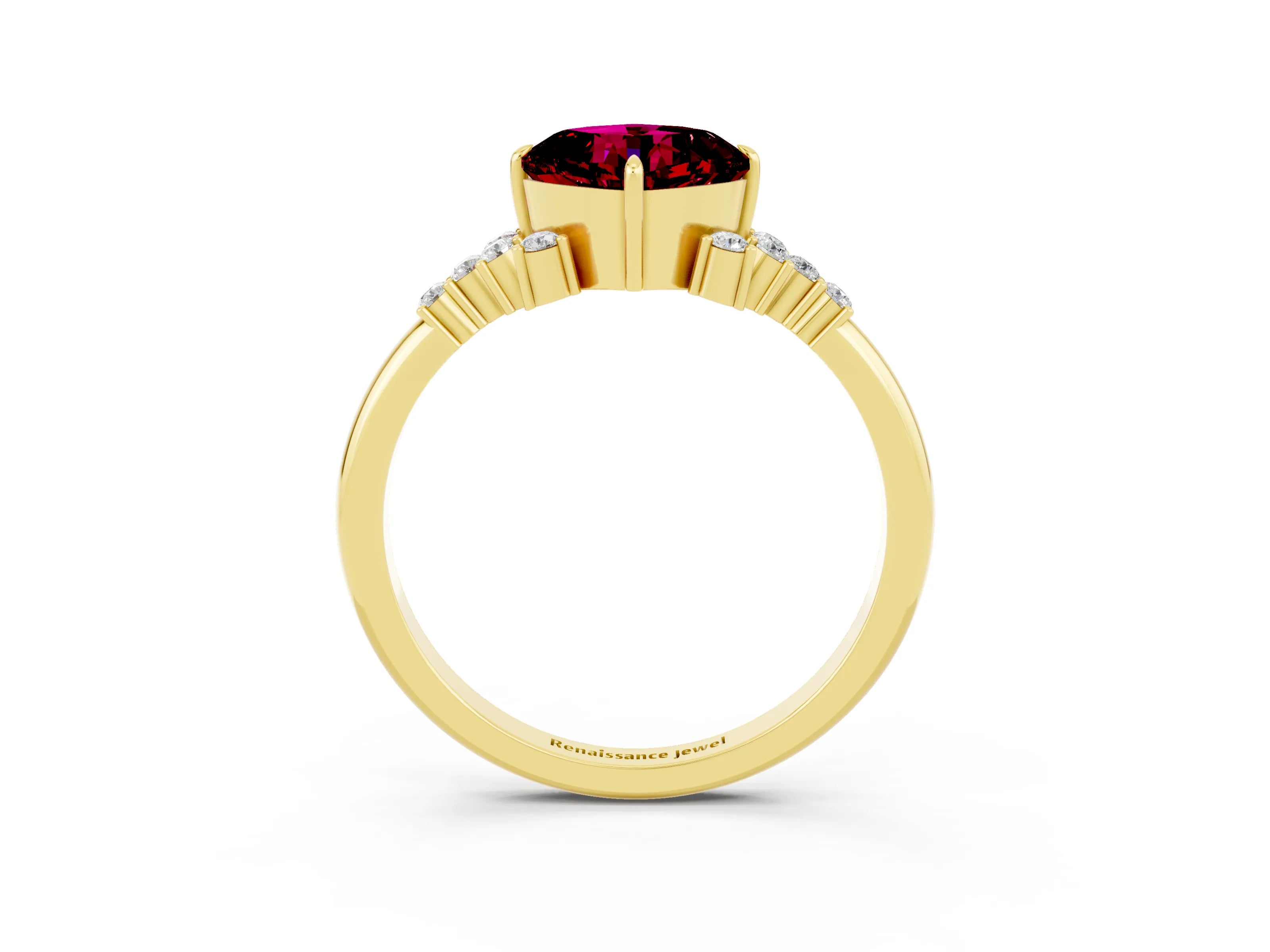 Yellow gold Cushion Cut Garnet Ring with Side Stones and Four-Prong Setting_39