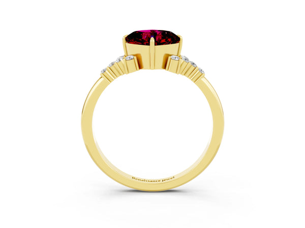Yellow gold Cushion Cut Garnet Ring with Side Stones and Four-Prong Setting