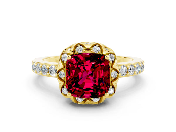 Yellow gold Cushion Cut Garnet Scalloped Halo Engagement Ring with Round Shared Prong Band