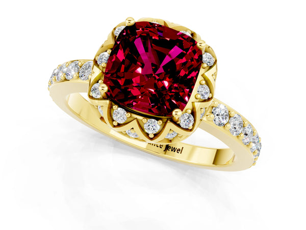 Yellow gold Cushion Cut Garnet Scalloped Halo Engagement Ring with Round Shared Prong Band