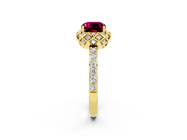 Yellow gold Cushion Cut Garnet Scalloped Halo Engagement Ring with Round Shared Prong Band