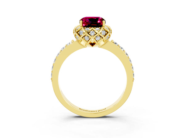 Yellow gold Cushion Cut Garnet Scalloped Halo Engagement Ring with Round Shared Prong Band