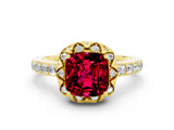 Yellow gold Cushion Cut Garnet Scalloped Halo Engagement Ring with Round Shared Prong Band_24