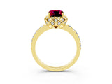Yellow gold Cushion Cut Garnet Scalloped Halo Engagement Ring with Round Shared Prong Band_27