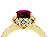 Yellow gold Cushion Cut Garnet Scalloped Halo Engagement Ring with Round Shared Prong Band_28