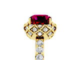 Yellow gold Cushion Cut Garnet Scalloped Halo Engagement Ring with Round Shared Prong Band_29